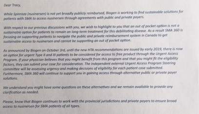 An email from a Biogen spokesperson to the Lacey family saying they will no longer be offering them the 50 per cent discount.