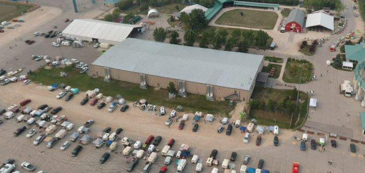 An aerial view of Exhibition Place at the Red River Ex grounds.