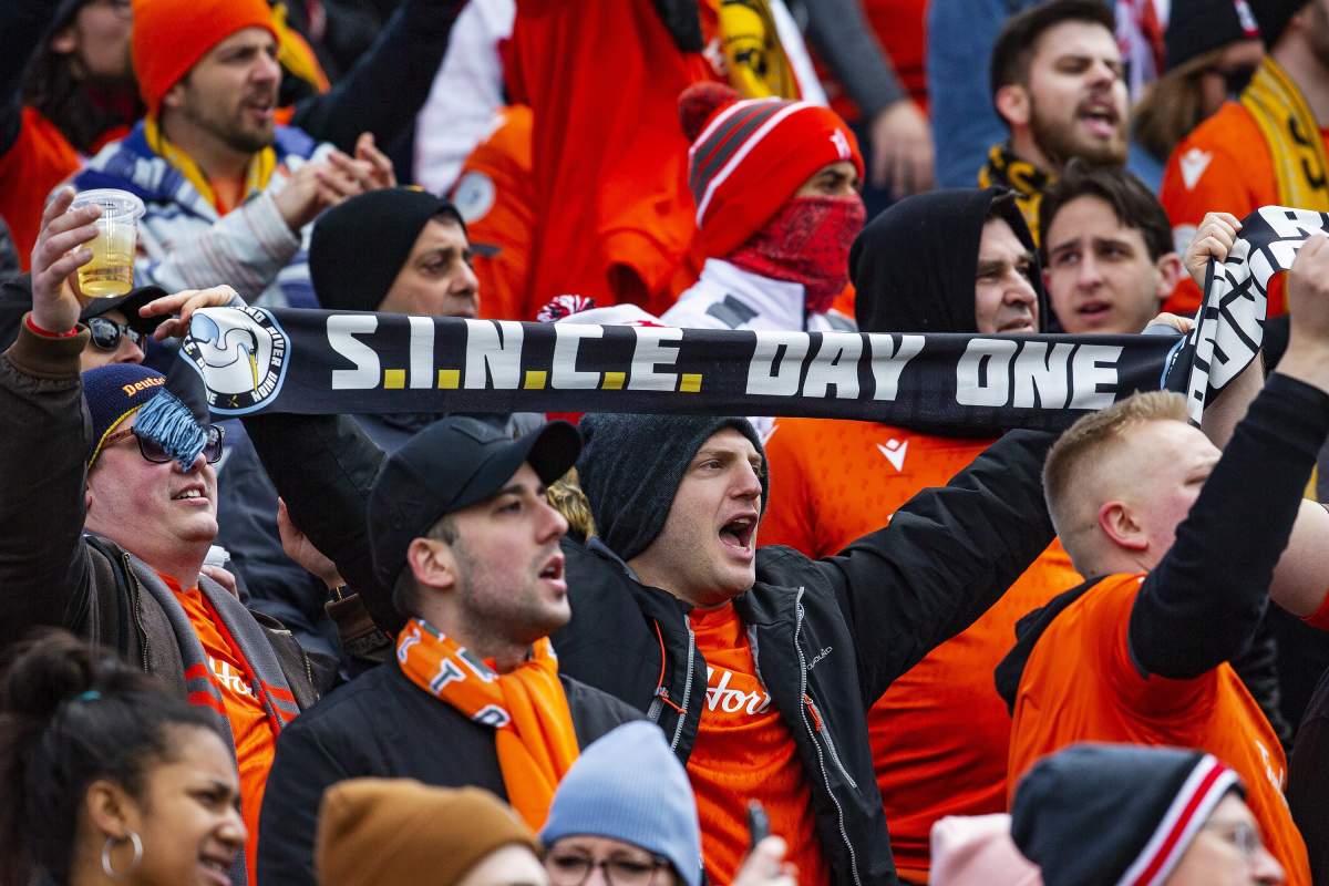 Forge FC fans chant and cheer during the inaugural soccer match of the Canadian Premier League between Forge FC of Hamilton and York 9 in Hamilton, Ont. Saturday, April 27, 2019.