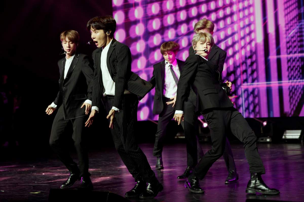 South Korean pop group BTS performs during a visit to France, on Oct. 14, 2018, in Paris.