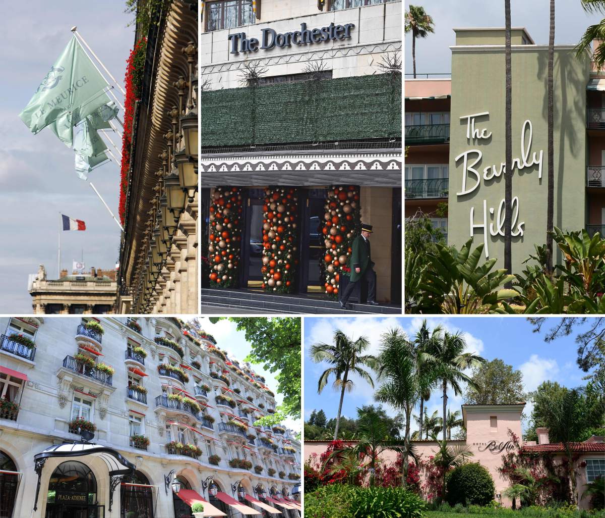 A combination of pictures created in London on March 31, 2019, shows the facades of five of the nine Dorchester Collection hotels owned by Brunei: (top L-R) Hotel Meurice in Paris, The Dorchester in London, The Beverly Hills Hotel in Los Angeles, (bottom L-R) The Hotel Plaza Athenee in Paris and The Hotel Bel-Air in Los Angeles.