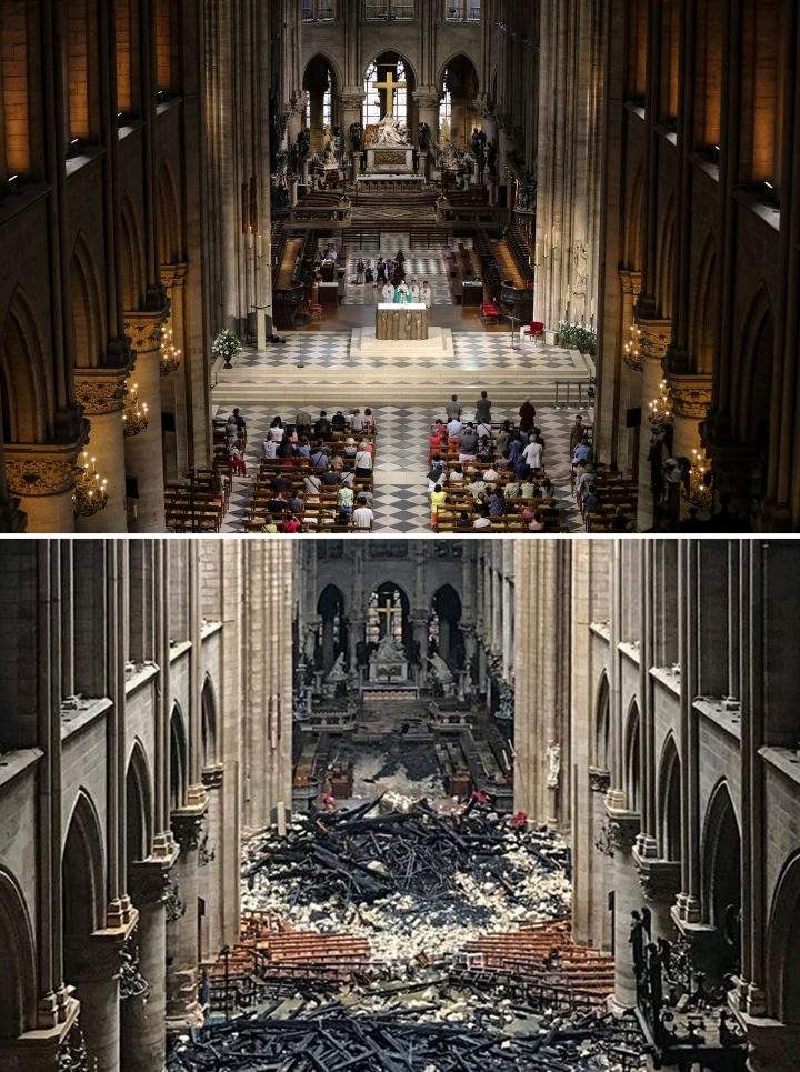 A combination of two pictures made on April 16, 2019 shows people attending a mass at the Notre-Dame de Paris Cathedral in Paris on June 26, 2018.