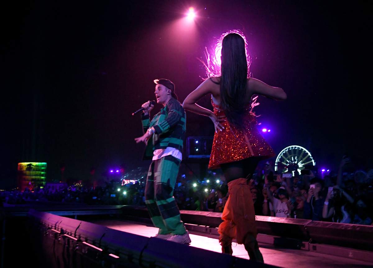 Justin Bieber (L) performs with Ariana Grande at Coachella Stage during the 2019 Coachella Valley Music And Arts Festival on April 21, 2019, in Indio, Calif.