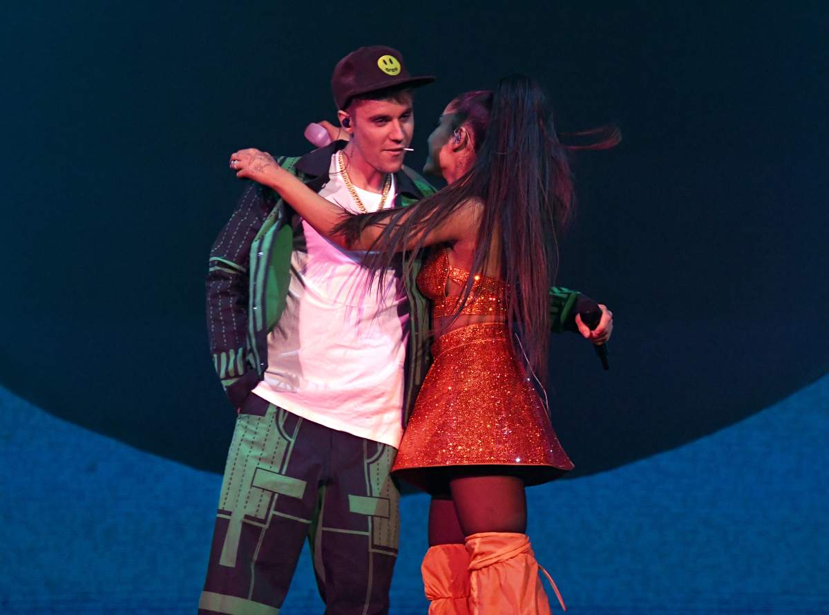 Justin Bieber (L) performs with Ariana Grande at Coachella Stage during the 2019 Coachella Valley Music And Arts Festival on April 21, 2019, in Indio, Calif.