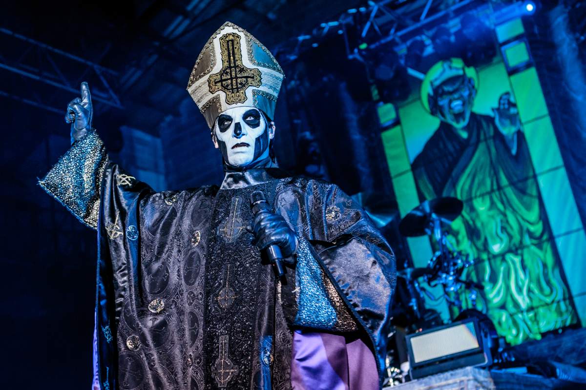 Papa Emeritus III, alias Tobias Forge, of Swedish heavy metal band Ghost performs on stage on April 19, 2017 in Milan, Italy.