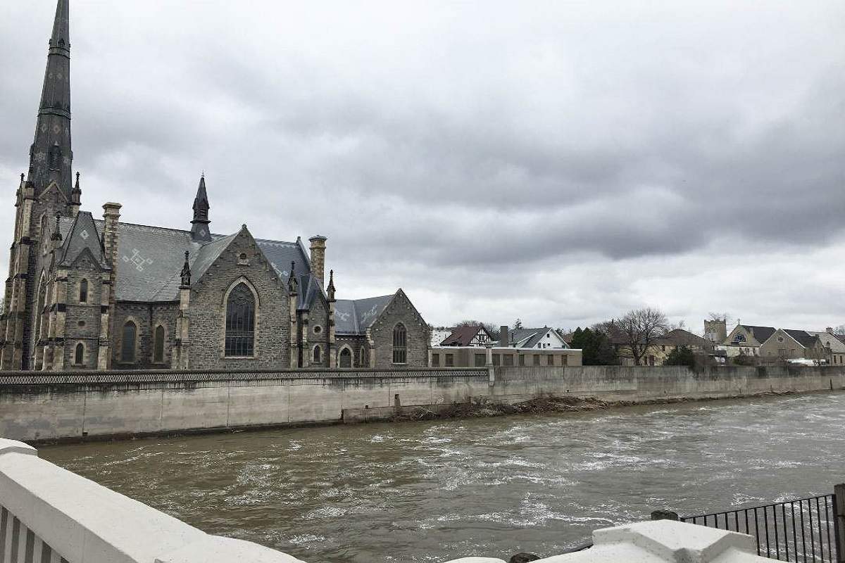 The Central Presbyterian Church overlooking the Grand River in Cambridge, Ont.