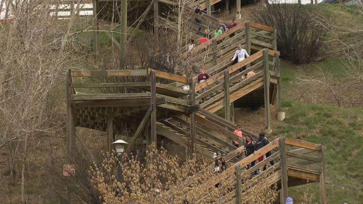 Calgarians climb stairs to end homelessness on Tuesday.