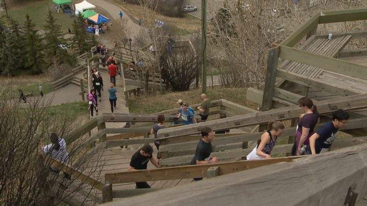 Calgarians climb stairs to end homelessness on Tuesday.