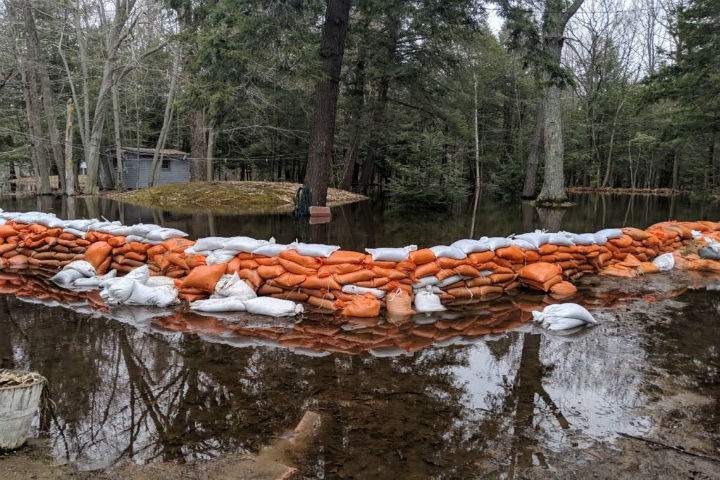 Sandbags efforts are shown in Bracebridge, Ont., April 29. The local health unit is now warning residents that used sandbags may be contaminated.