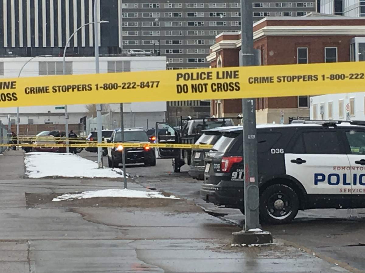 The scene of a police shooting near 100 Street and 105 Avenue in downtown Edmonton. April 30, 2019.