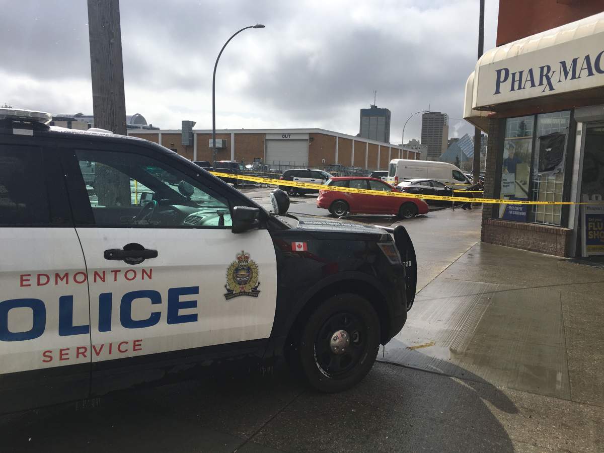 The scene of a police shooting near 100 Street and 105 Avenue in downtown Edmonton. April 30, 2019.