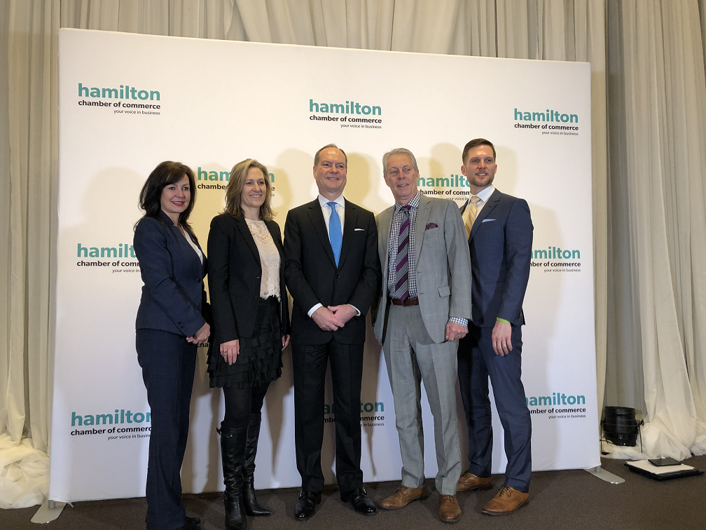 (From left to right) Flamborough-Glanbrook MPP Donna Skelly, Burlington Mayor Marianne Meed Ward, Treasury Board president Peter Bethlenfalvy, Hamilton Mayor Fred Eisenberger and Hamilton Chamber of Commerce president & CEO Keanin Loomis.