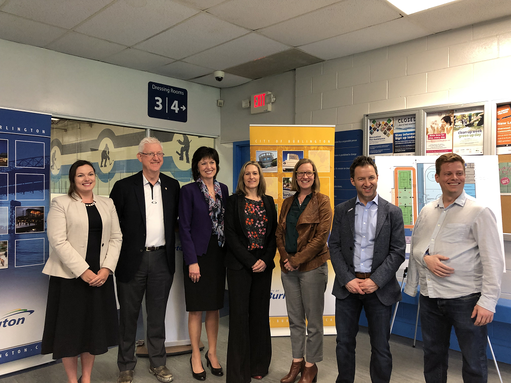 From left to right, Burlington Ward 2 Coun. Lisa Kearns, Ward 5 Coun. Paul Sharman, Oakville-North Burlington MP Pam Damoff, Mayor Marianne Meed Ward, Burlington MP and Minister of Democratic Institutions Karina Gould, Ward 1 Coun. Kelvin Galbraith and Ward 3 Coun. Rory Nisan.