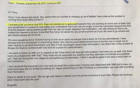 An email to the Lacey family from Biogen approving them for the 50 per cent discount.