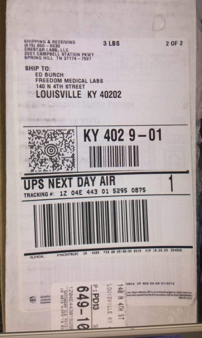 This shipping label shows Crestar Labs sent a package to Ed Burch of Freedom Medical Labs. The address corresponds to the Galt House Hotel in Louisville, Ky.