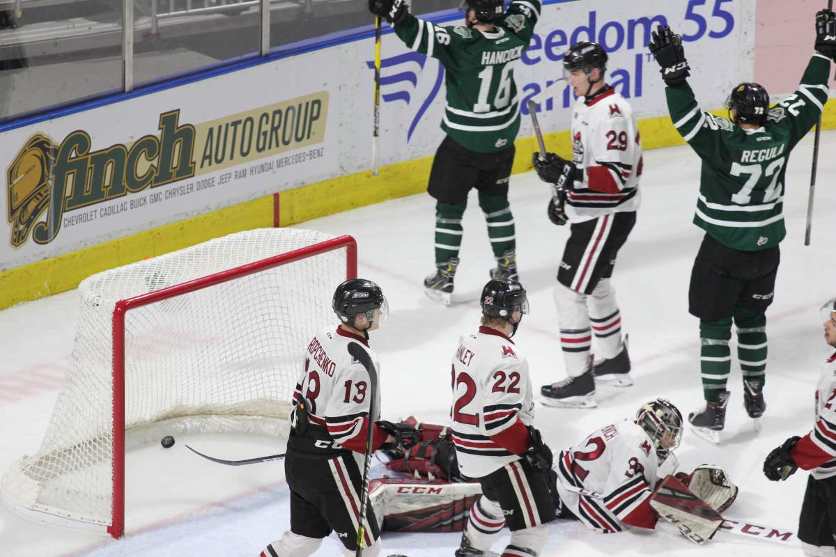 London, Ont. - Kevin Hancock celebrates what would be the eventual game winning goal in a 3-2 London Knights victory over the Guelph Storm in Game 1 of their OHL Western Conference semi-final series on April 5, 2019.
