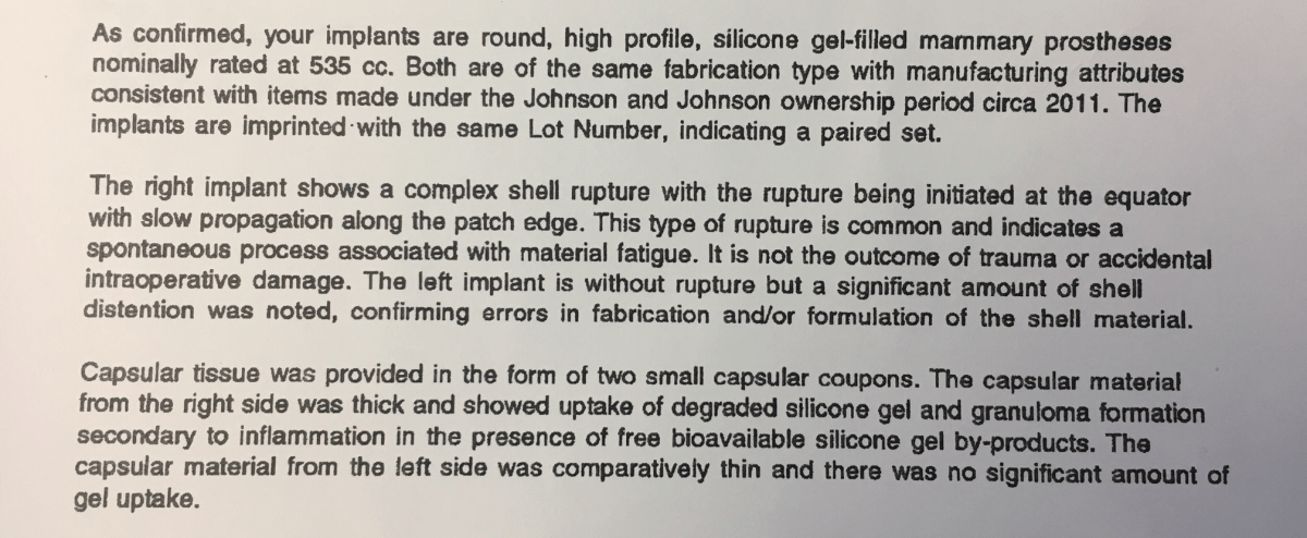 A portion of the report Nikki Carruthers received outlining the problems with her removed implants.