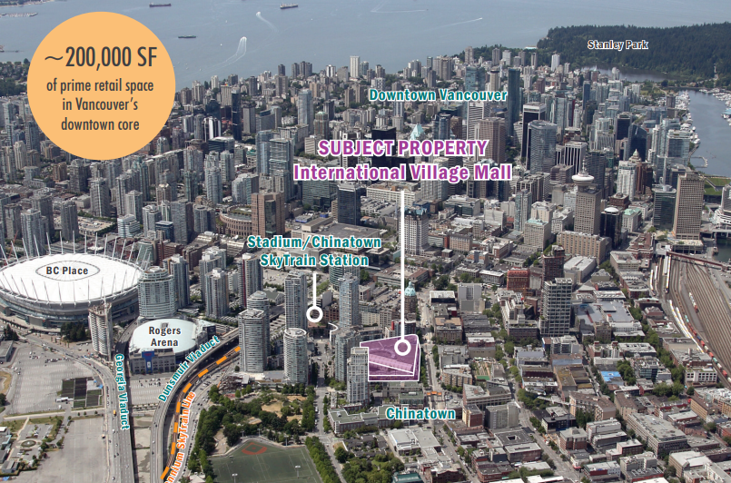 The location of International Village mall on the edge of Vancouver\’s Chinatown and Downtown Eastside.
