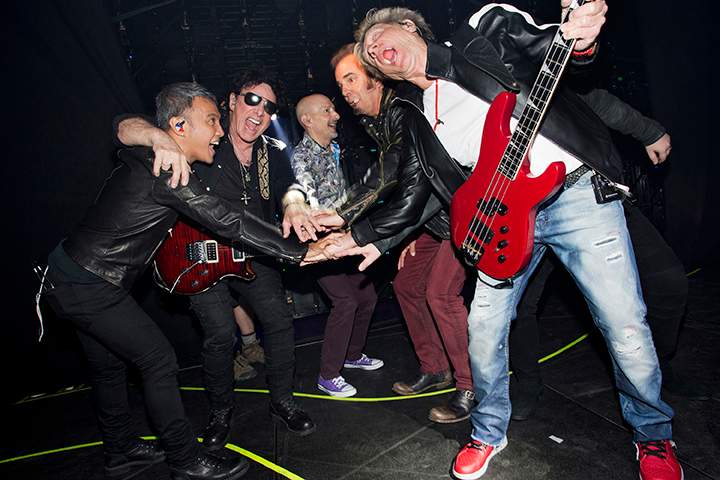 (L-R) Arnel Pineda, Neal Schon, Steve Smith, Jonathan Cain and Ross Valory of Journey are seen backstage at Prudential Center on June 15, 2018 in Newark, N.J.