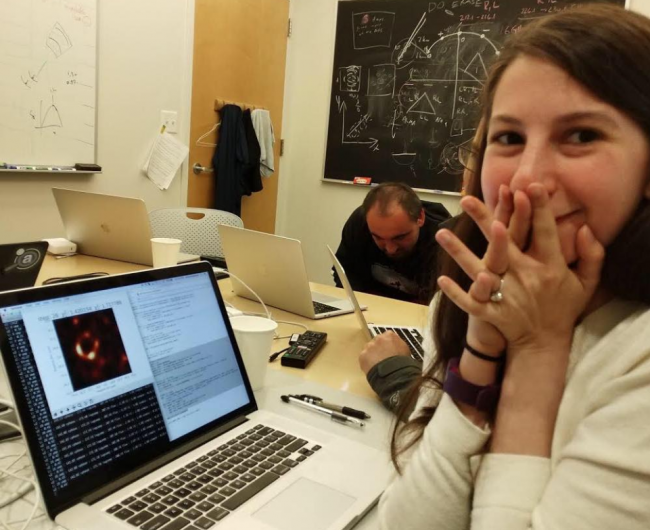 “Watching in disbelief as the first image I ever made of a black hole was in the process of being reconstructed,” Katie Bouman said in a Facebook post accompanying this photo, April 10, 2019.