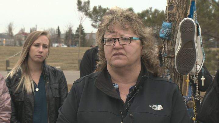 Kim Krupa speaks about her late son Tanner Krupa at a news conference in Edmonton.