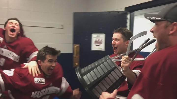Winnipeg's Kurt Keats with the spoils of victory with the University Of Massachusetts Minutemen.