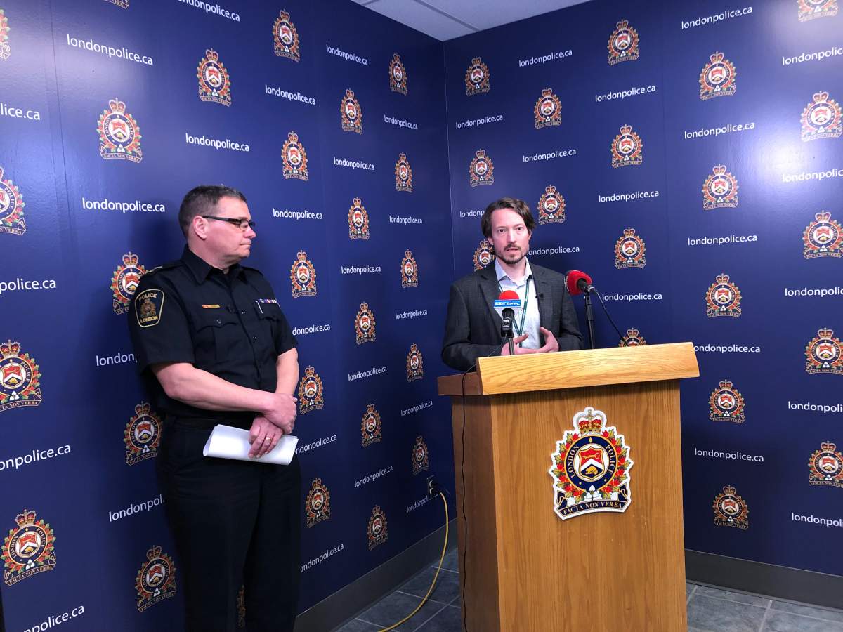London police Chief John Pare (left) and medical officer of health for London and Middlesex County Dr. Chris Mackie (right) address the recent wave of suspected overdose deaths in London.