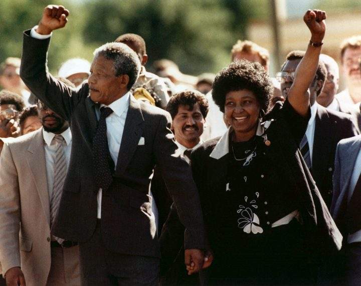 In this Feb. 11, 1990 file photo, Nelson Mandela and wife Winnie upon Mandela’s release from Victor Verster prison, near Cape Town South Africa.