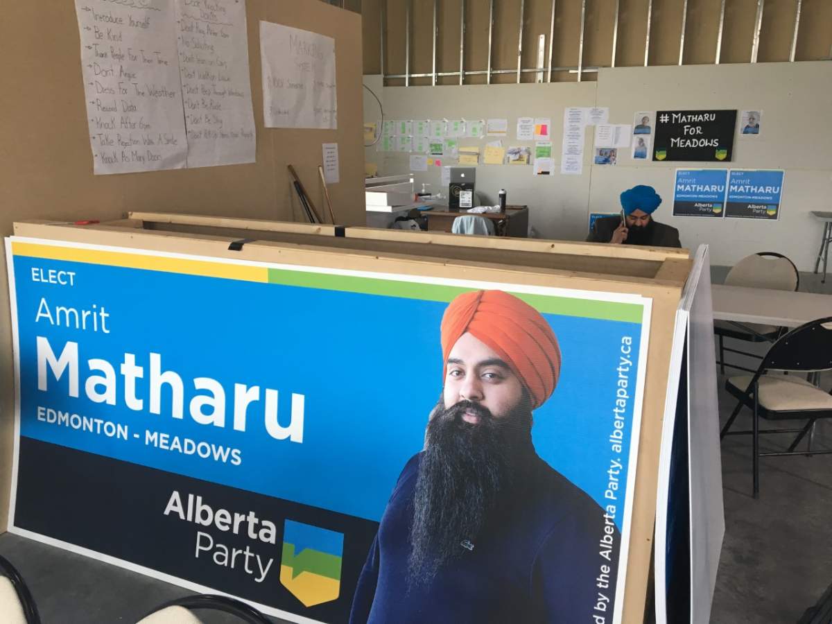 Amrit Matharu, Edmonton-Meadows Alberta Party candidate works to get out the vote ahead of the provincial election on Apr. 16.