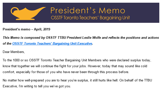A section of the memo sent out to approximately 1,000 high school teachers in Toronto informing them their positions have been declared surplus.