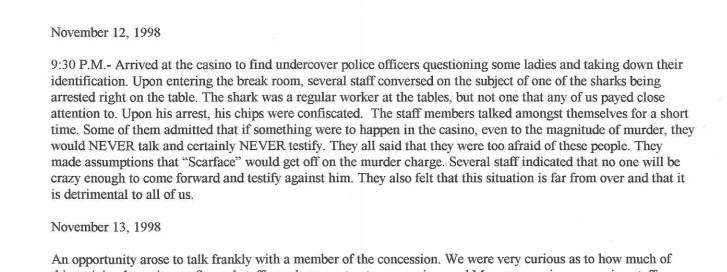 An excerpt from a casino whistleblower’s journal describes fears that an alleged loan shark accused in an attempted murder case could bring violence into the Richmond casino.