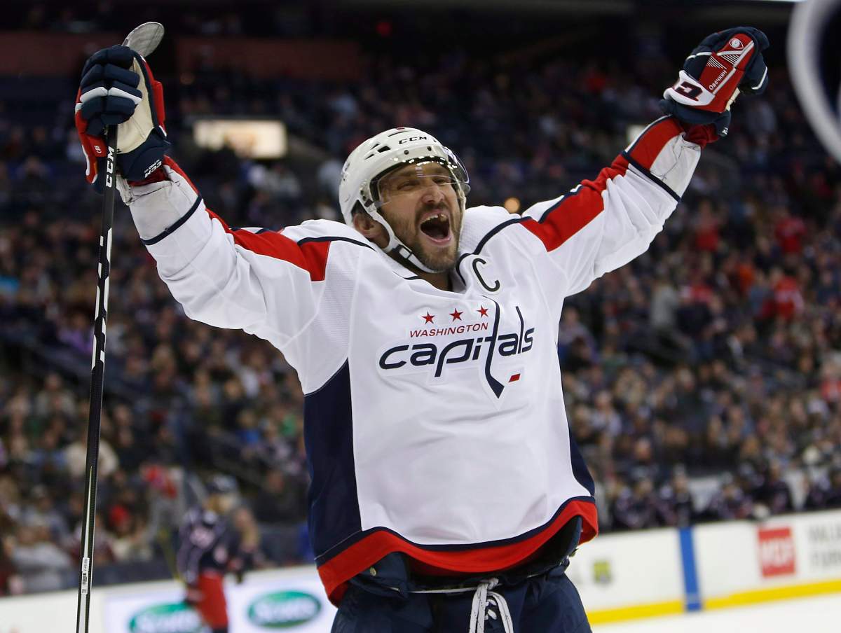 Washington Capitals' Alex Ovechkin celebrates a goal against the Columbus Blue Jackets during a game, Saturday, Dec. 8, 2018, in Columbus, Ohio.