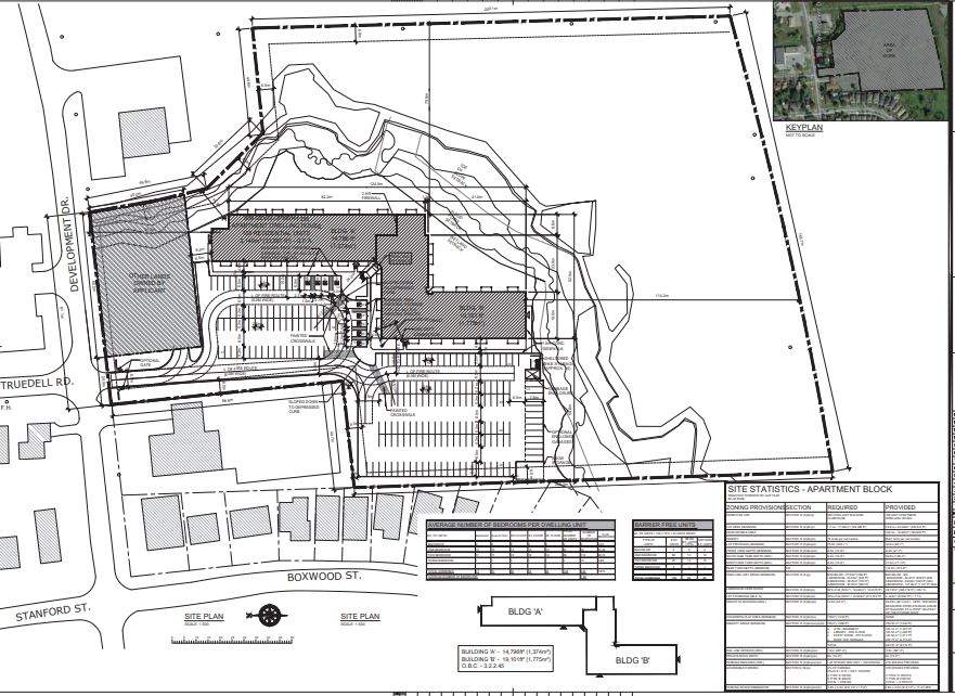 This map lays out the proposed location of the Z-shaped apartment building and nearby townhouses.