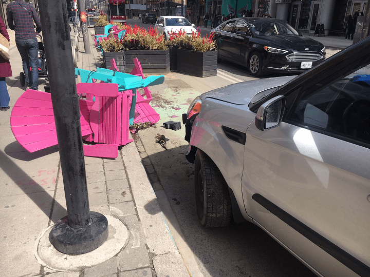 Debris could be seen at the scene of the collision, including these damaged patio chairs.