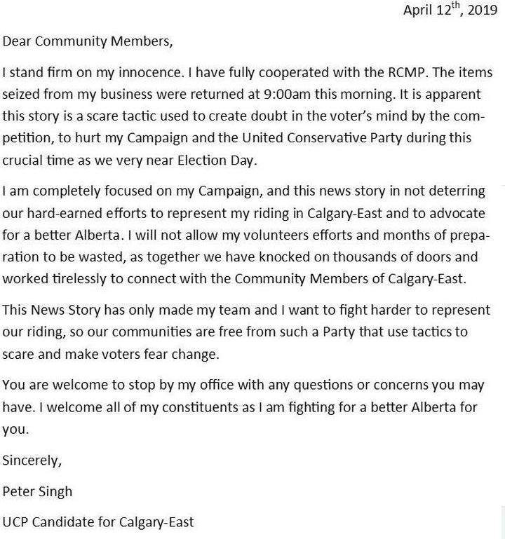 A statement posted to Facebook on Friday night by Peter Singh, the UCP candidate for Calgary-East in Alberta’s 2019 election.