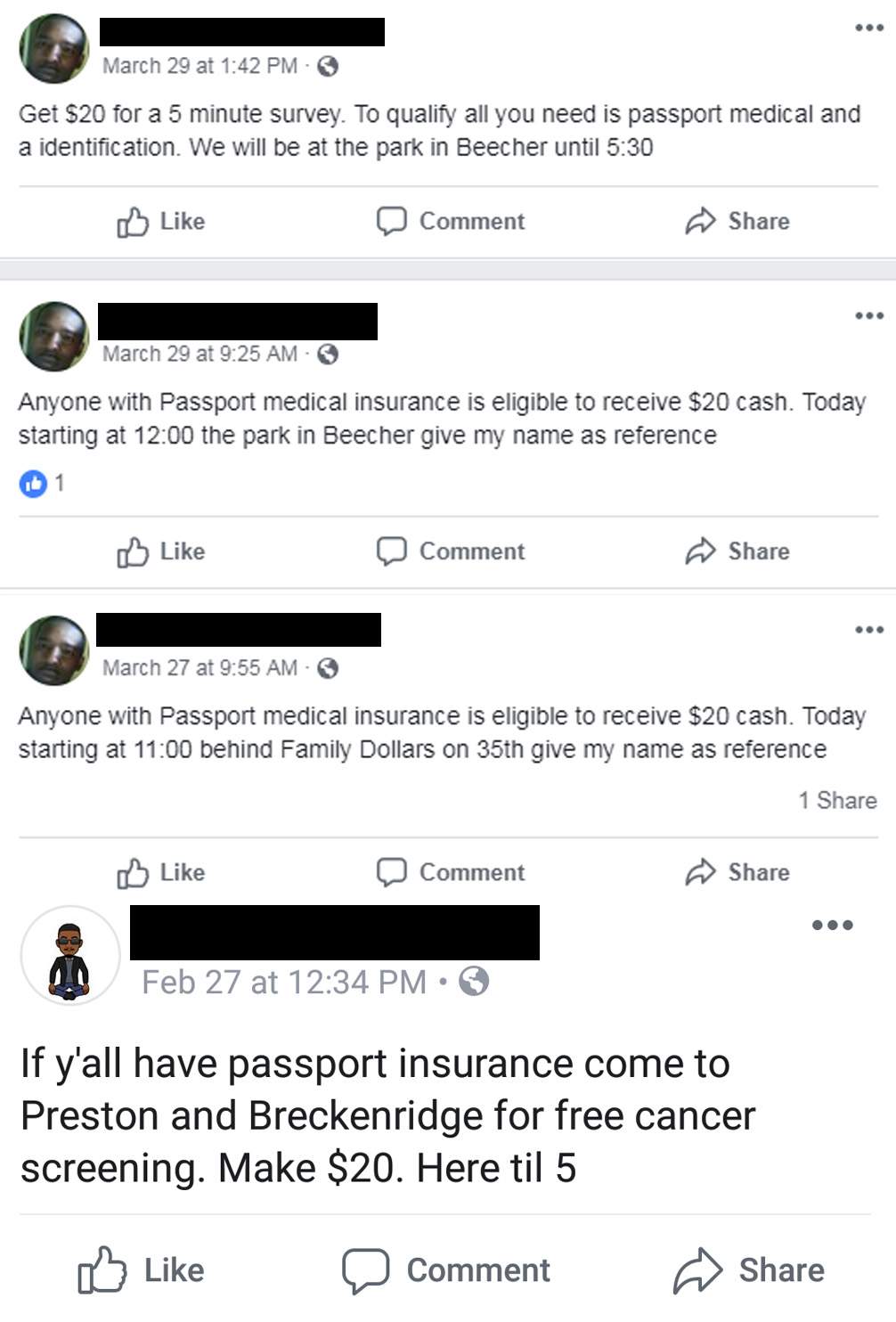 These screenshots from Facebook show individuals offering $20 to take a medical test in Louisville, Ky.