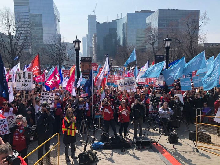 Thousands of union members gathered at Queen's Park on Saturday to protest the Ford government's cuts to education.