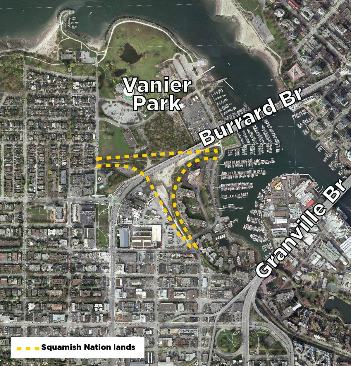 The boundaries of the Squamish Nation reserve lands in Vancouver, where the nation is proposing a massive rental housing project.