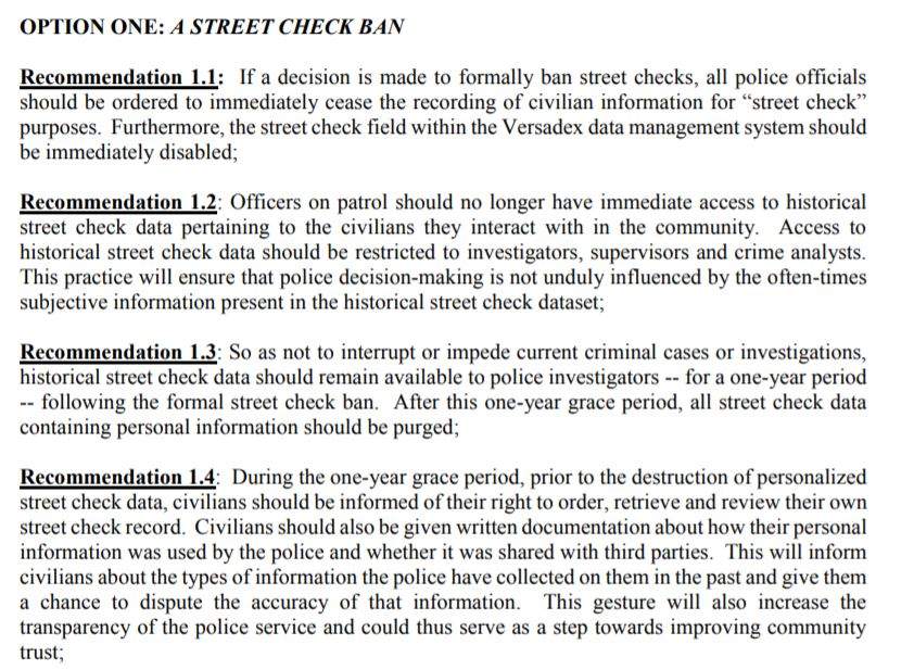 A page from the lengthy Street Checks Report outlining recommendations for a street check ban.