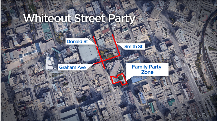 Red lines indicate street closures for the Winnipeg Whiteout Street Party.