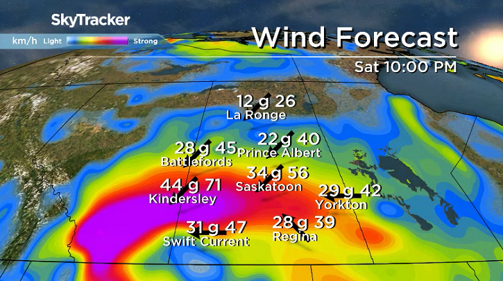 Strong northeasterly wind will gusty over 70 km/h in some areas as snow slides on Saturday night.