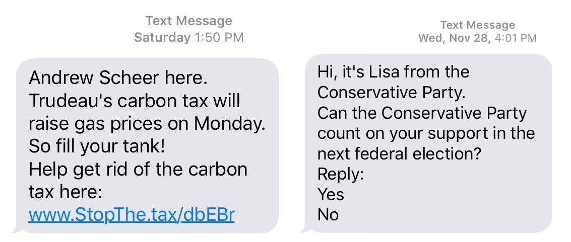 Andrew Scheer, and a Conservative called Lisa, sent out text messages as part of their outreach.