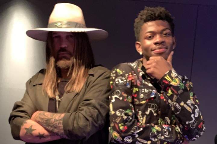 (L-R) Billy Ray Cyrus in the studio with Lil Nas X while remixing the Billboard-charting Old Town Road.