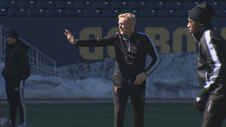 Valour FC general manager and head coach Rob Gale runs practice at Investors Group Field.