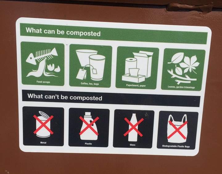 A sign on the compost bin near City Hall in Vernon showing what is, and isn’t, acceptable to compost.