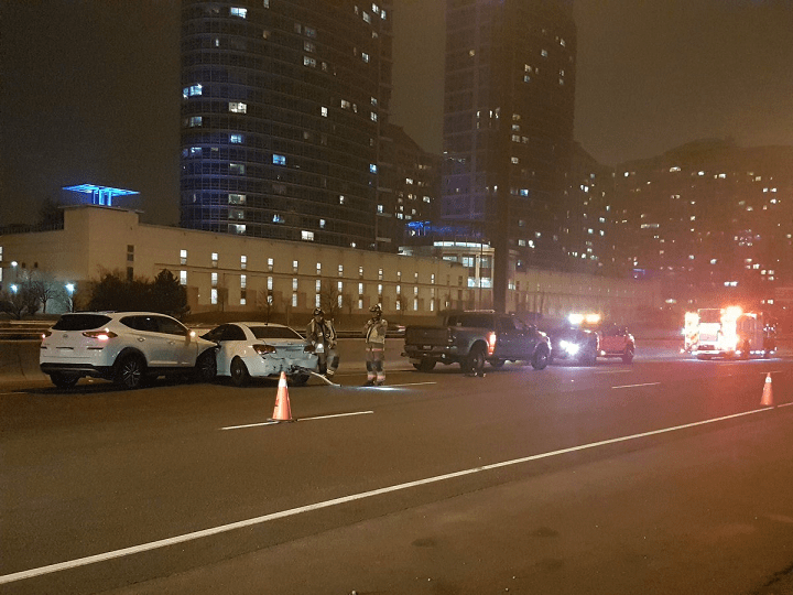 A woman is dead after she attempted to cross Hwy. 401 on foot following this collision late Friday.