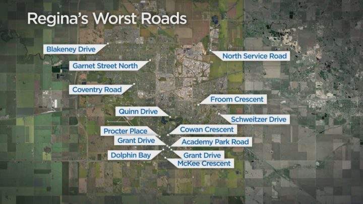 Fourteen Regina roads are in the running for the title of CAA Saskatchewan’s worst road.