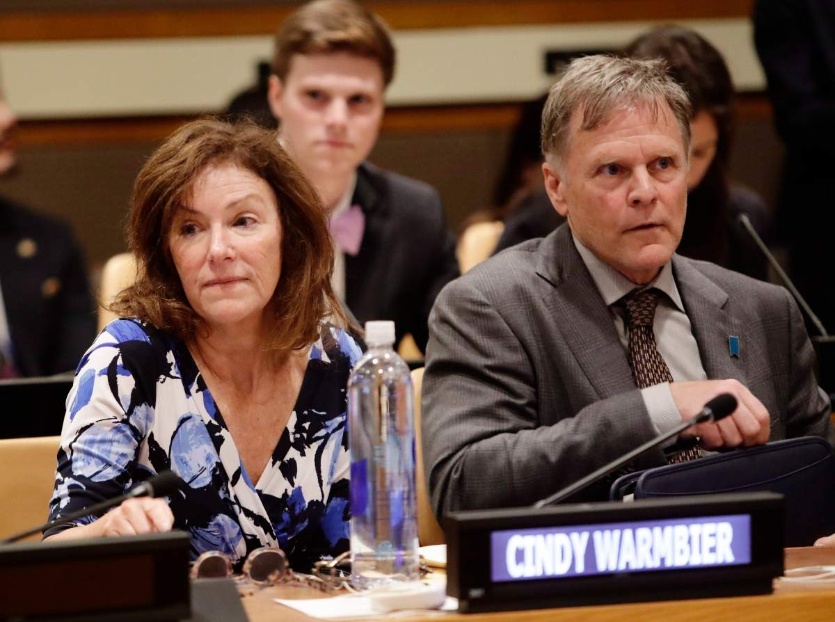 In this May 3, 2018, file photo, Fred Warmbier, right, and Cindy Warmbier, parents of Otto Warmbier, wait for a meeting at the United Nations headquarters.  