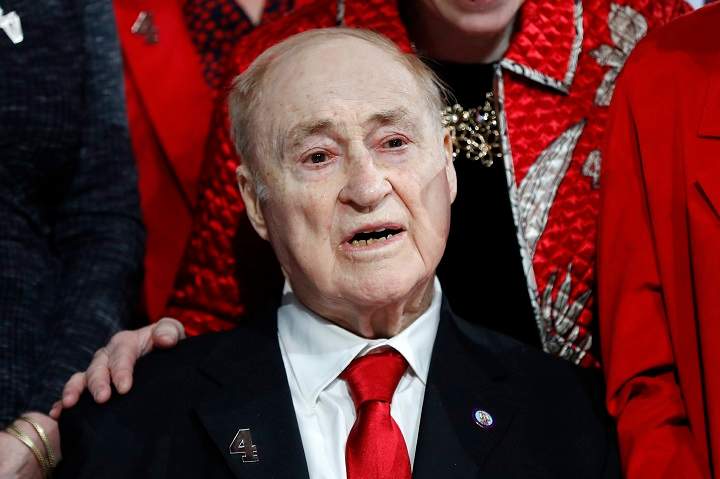 Former Detroit Red Wings player Red Kelly watches his jersey retirement ceremony before an NHL hockey game against the Toronto Maple Leafs, Friday, Feb. 1, 2019, in Detroit. 