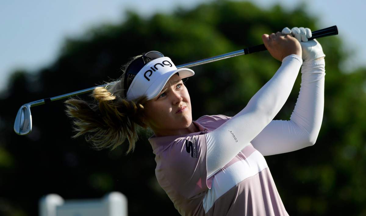 Brooke Henderson tees off on the 18th hole during the first round of the HUGEL-Air Premia LA Open golf tournament at Wilshire Country Club Thursday, April 25, 2019, in Los Angeles.